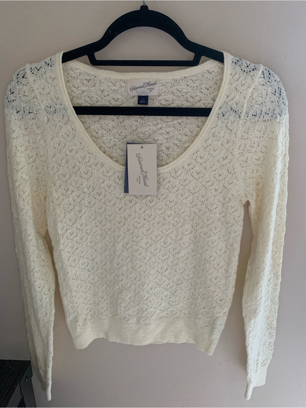 Universal Thread Cream Openwork Scoop Neck Knit Top